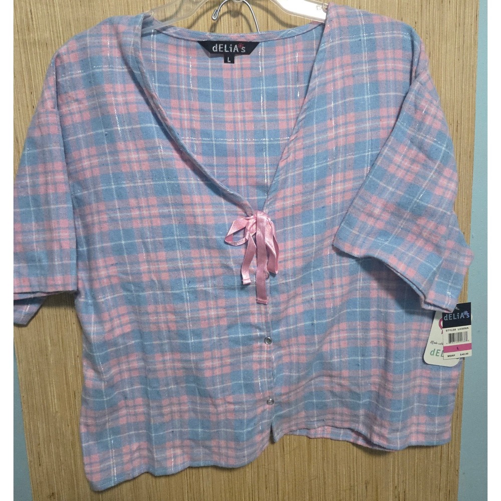 dELiA*s Sz L  Pink Blue Plaid Metallic Flannel Pajama Set top/shorts NWT Womens